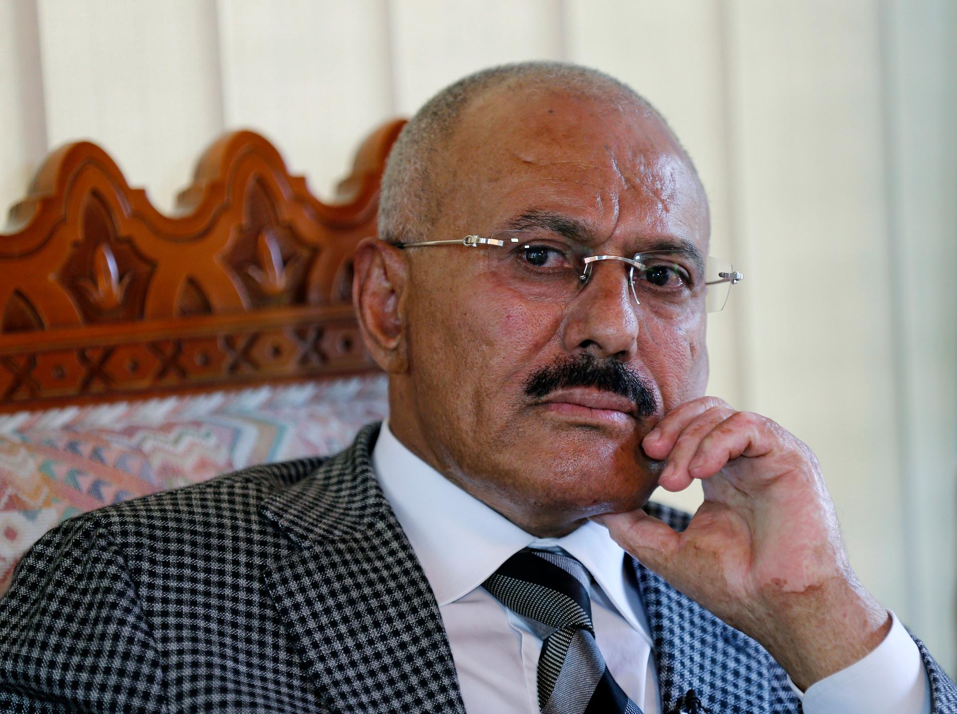 Yemen's former president, Ali Abdullah Saleh, pauses during an interview with Reuters in Sanaa on May 21, 2014.