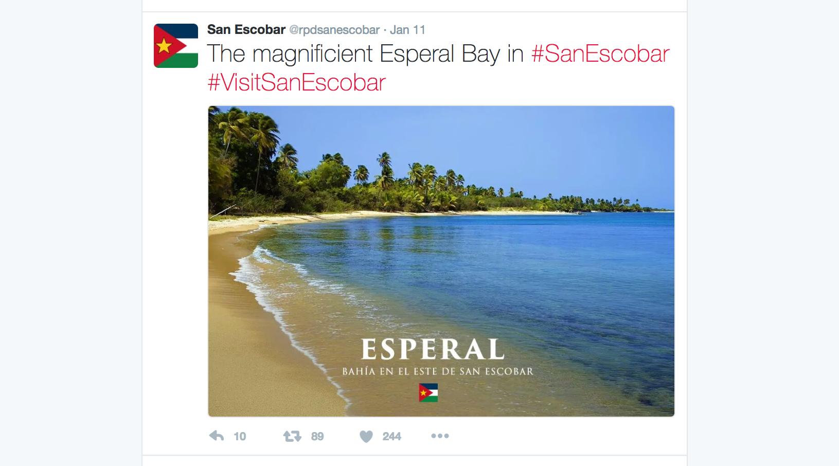 A tweet from the recently created San Escobar account advertises vacation getaways to the fictional nation.