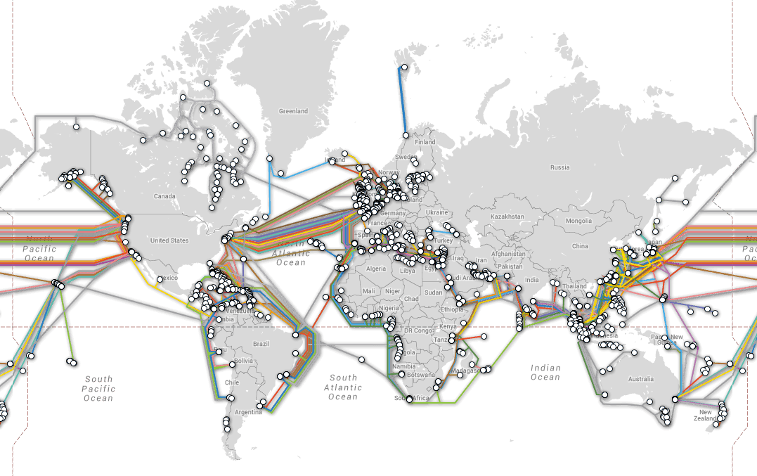 A screenshot of the interactive Submarine Cable Map, which tracks active and planned submarine cable systems and their landing stations according to the Global Bandwidth Research Service.