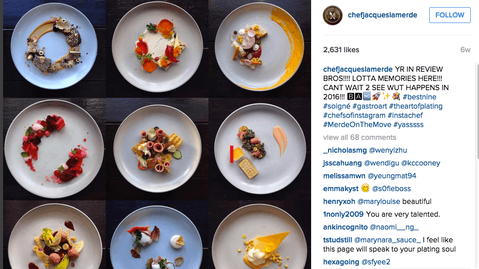 A sampling of Chef Jacques La Merde's meticulously tweezed dishes of high-end food.