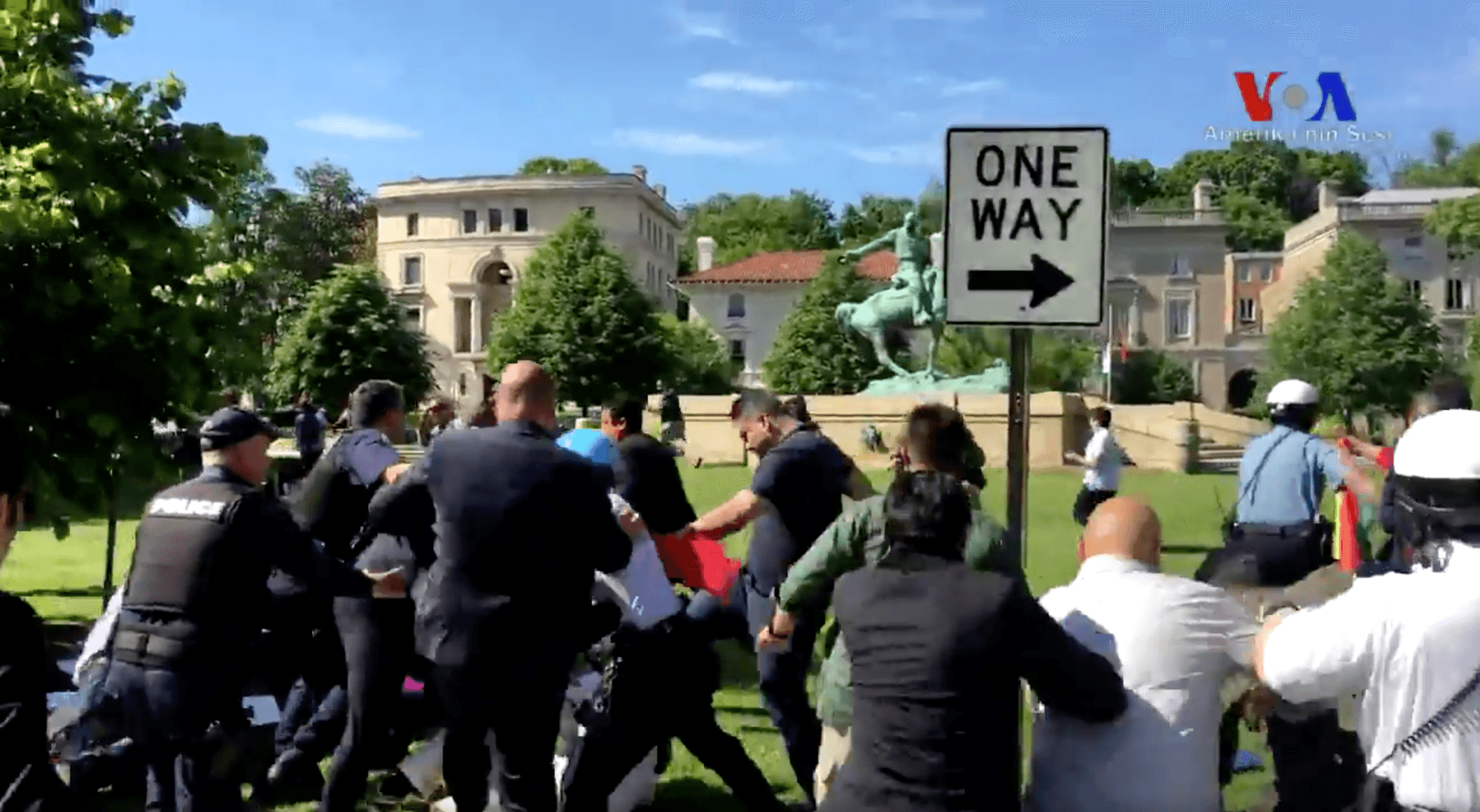 Opponents and supporters of the Turkish government beat each other up outside the residence of the Turkish ambassador to Washington, DC.