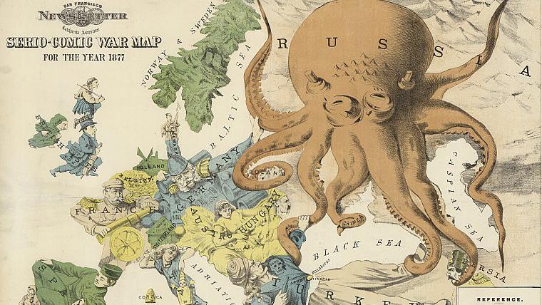 A US cartoon from 1877, showing Russia as an octopus spreading its tentacles over Europe and south-west Asia. In that year, Russia went to war to ‘save’ Orthodox Christian rebels in the Ottoman Empire.