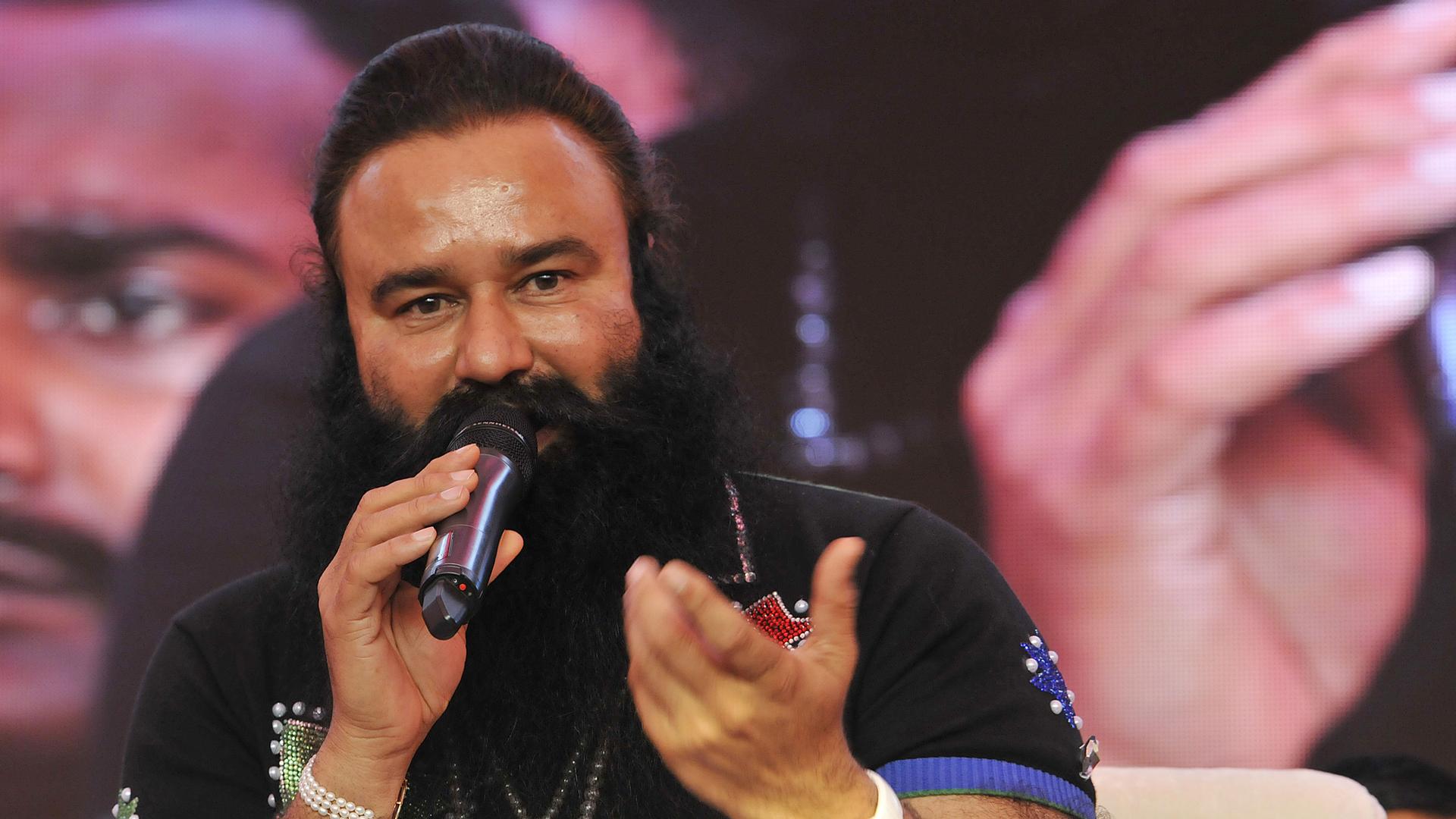 Gurmeet Ram Rahim Singh talks to the media about his movie "MSG — The Messenger of God" in 2015.