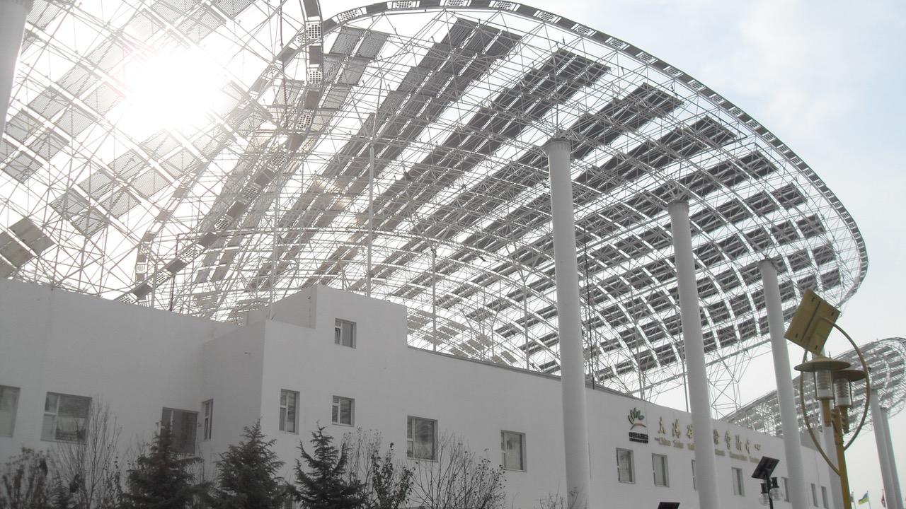 Solar panels collect energy on a building in Dezhou, Shandong Province, China.