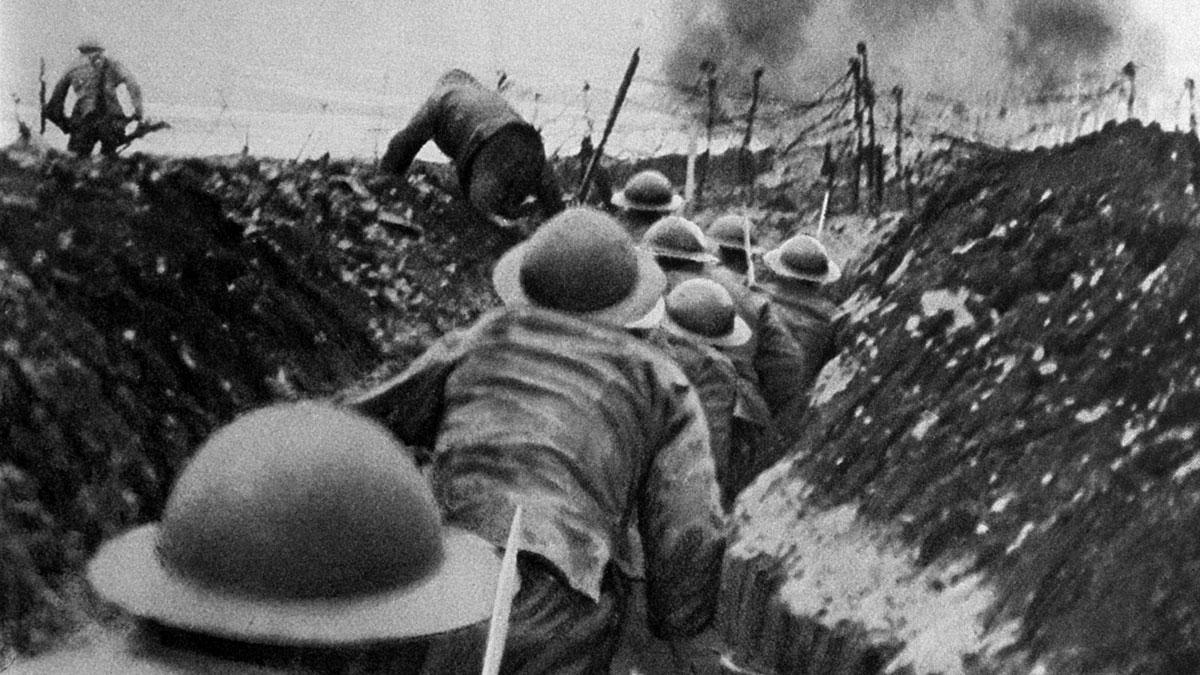 Soldiers begin leaving a trench during the battle of the Somme, 1916