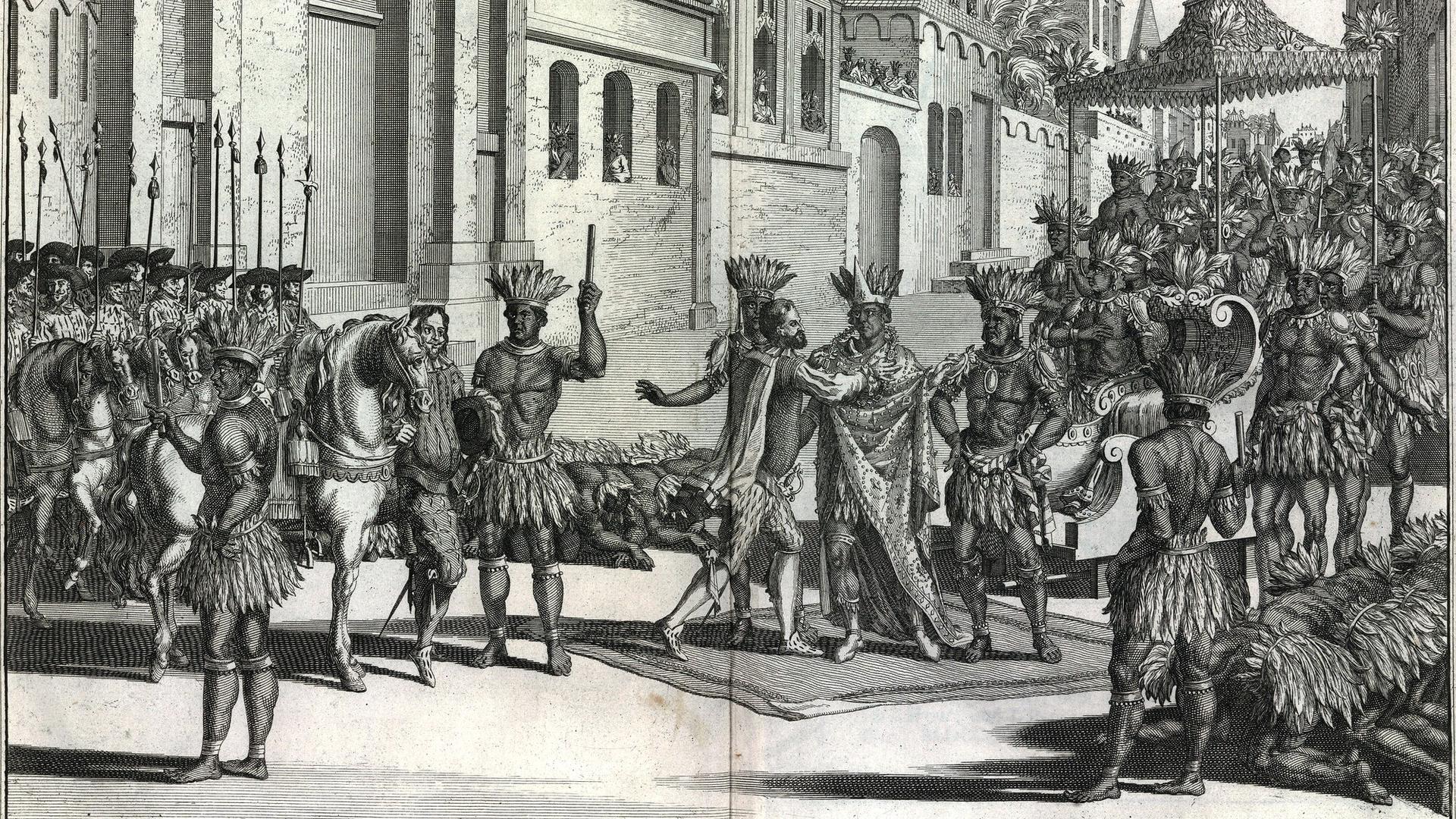 An illustration from an 18th century history of the conquest of Mexico by the Spaniards.