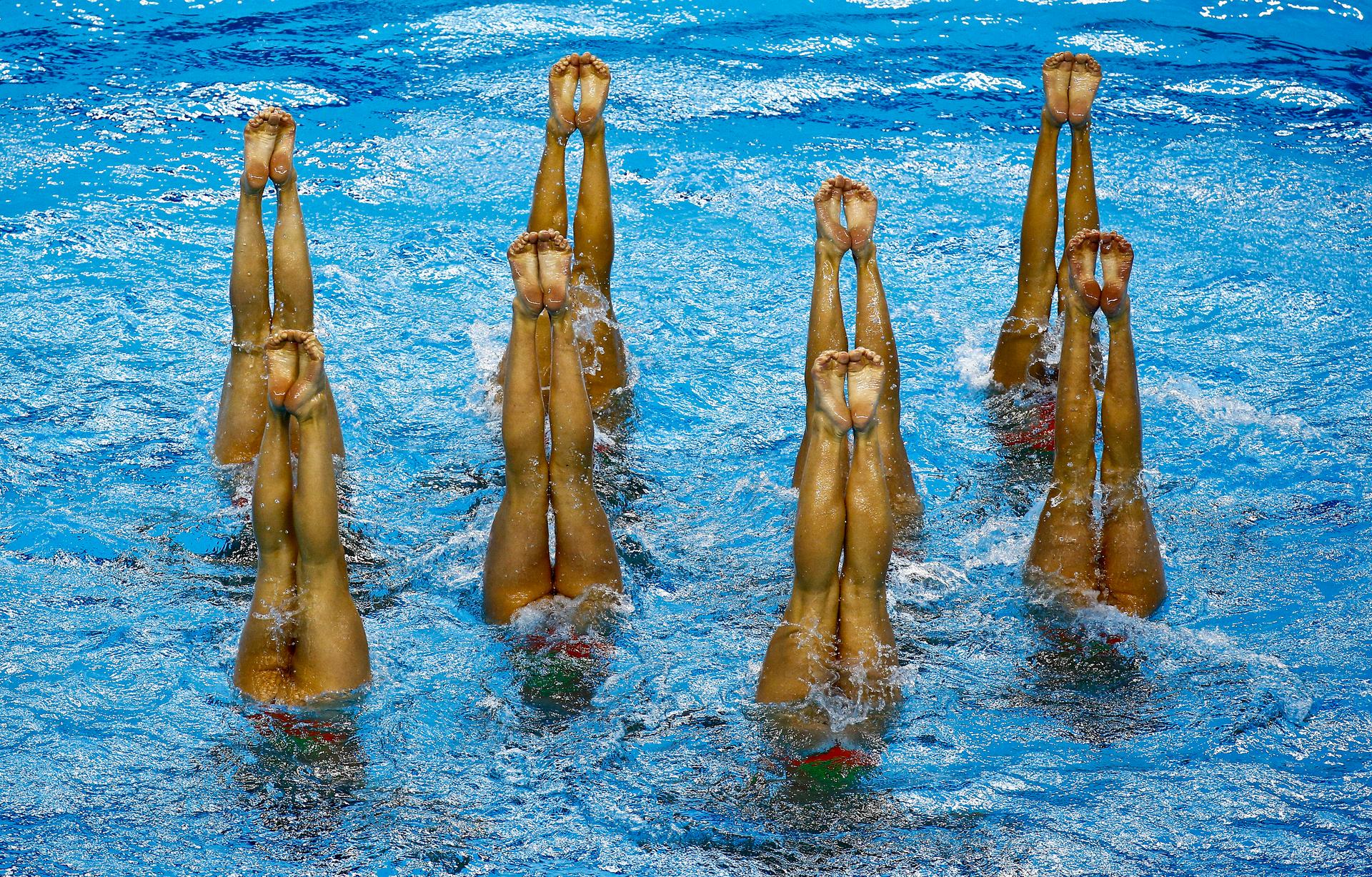 Team Switzerland competes during their synchronized swimming free routine team final at the 1st European Games in Baku, Azerbaijan. 