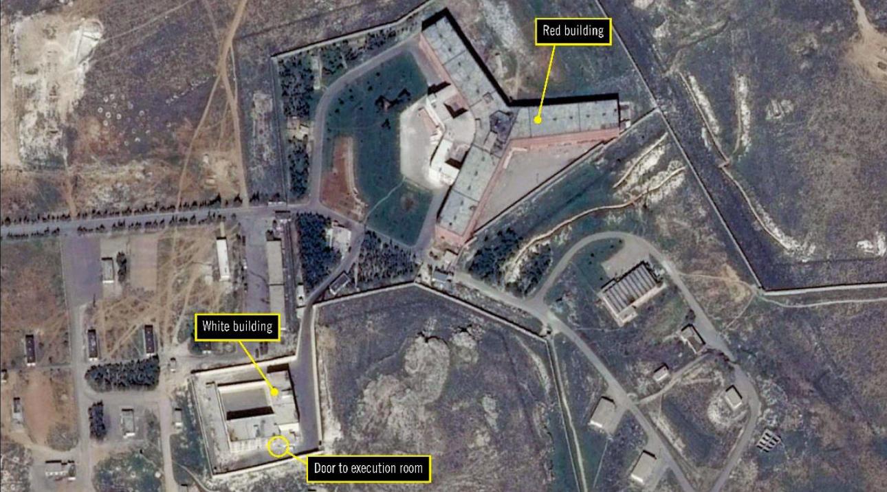 A satellite image of Syria’s Saydnaya military prison, annotated by Amnesty International, via Google Earth and DigitalGlobe.