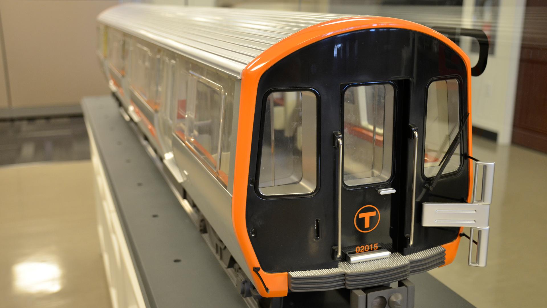 A model of a new Orange Line subway car that will be built by CRRC MA. The new cars should start rolling out in 2019.