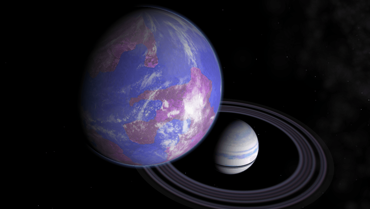 An artist's rendering of a habitable moon orbiting a gas giant planet.