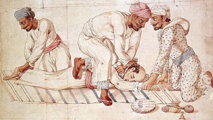 A 19th-century watercolor by an unknown Indian artist depicts three Thugs strangling a traveler. The now-loaded term has its origins in India.