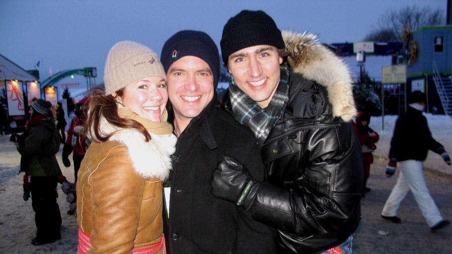 Canadian satirist Rick Mercer flanked by Justin Trudeau (back when he was just 'Justin') and his wife Sophie Gregoire-Trudeau on location for the Rick Mercer Report at the Quebec City Winter Carnival in 2010.