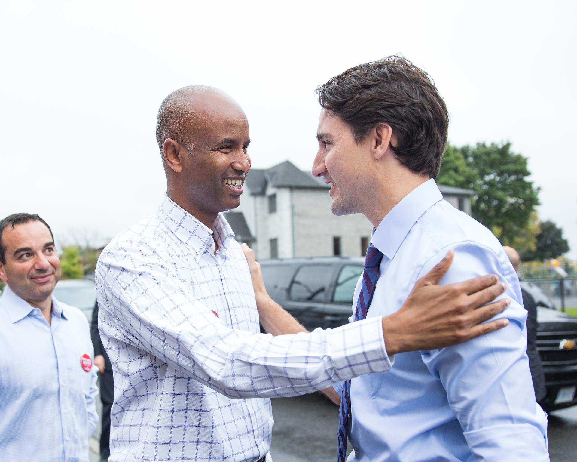 Justin Trudeau on the campaign trail, visiting then-candidate Ahmed Hussen in his Toronto district. Ahmed Hussen won the race, becoming Canada's first member of parliament of Somali descent. 