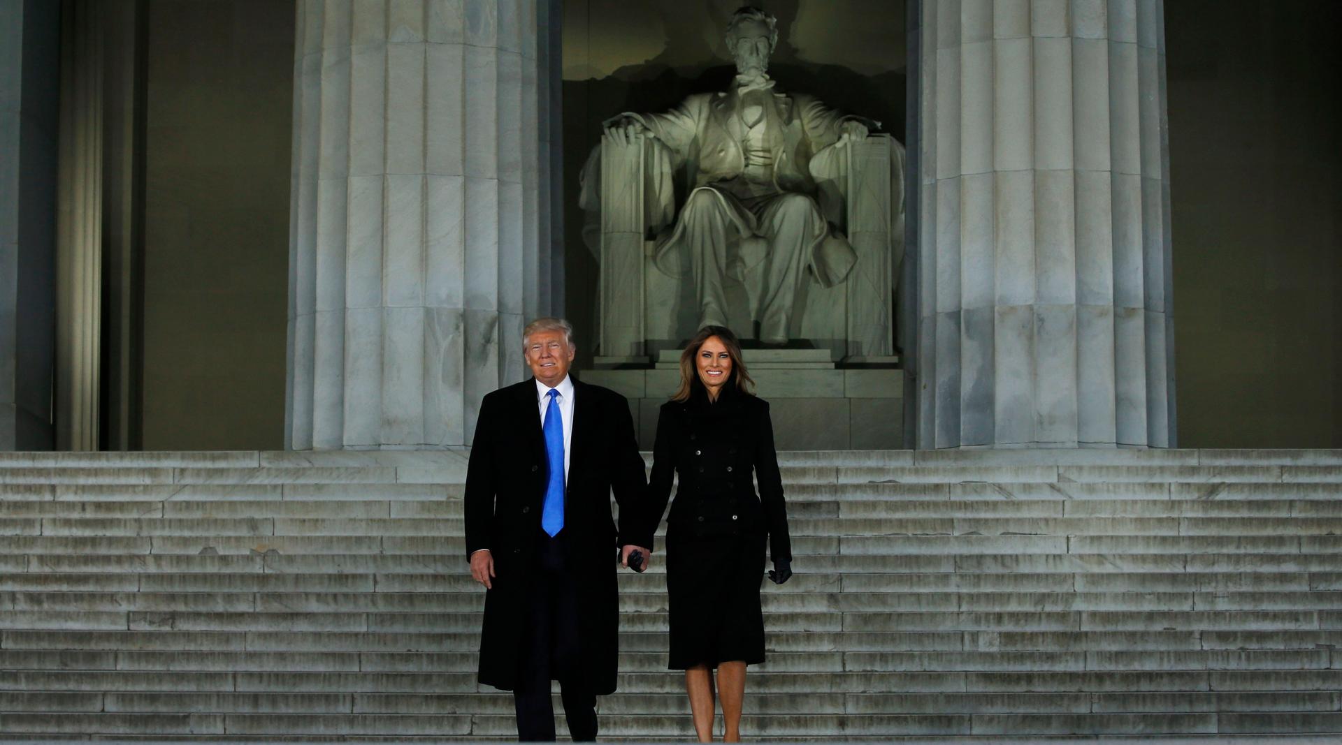 Donald Trump and his wife Melania arriving on the eve of his inauguration, at the "Make America Great Again! Welcome Celebration" at the Lincoln Memorial in Washington, Jan. 19.