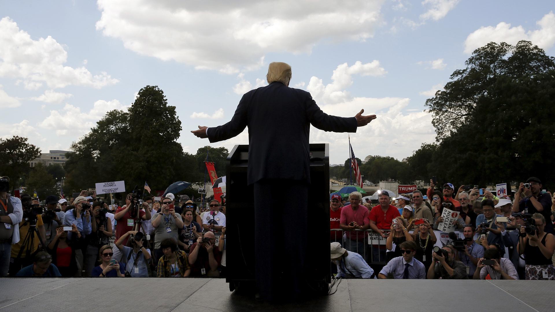 Then Republican presidential candidate Donald Trump addressing a Tea Party rally against the Iran nuclear deal in Washington, 2015.