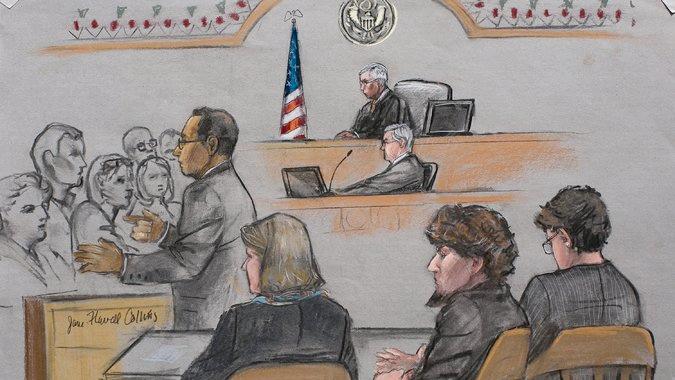 Aloke Chakravarty, a prosecutor, addressed jurors during closing arguments in the Boston Marathon bombings trial of Dzhokhar Tsarnaev, second from right, at the federal courthouse in Boston on Monday.