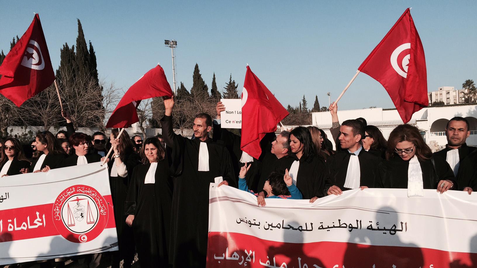 Lawyers at a protest in Tunis against extremism on March 19, 2015, a day after gunmen killed more than 20 people in the Tunisian capital.