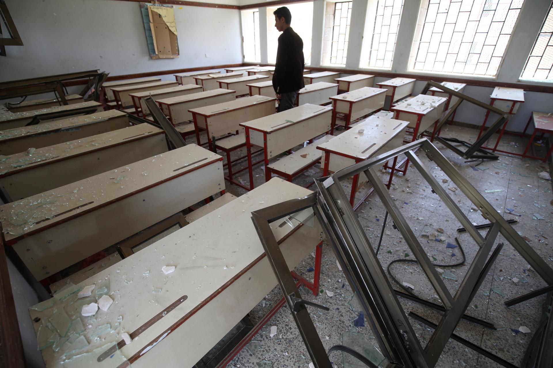 April 2015. This classroom in the Ibn Sina School in the Yemeni capital, Sanaa, suffered damage during an air strike. The school, which has 1,500 girl students, is closed indefinitely.