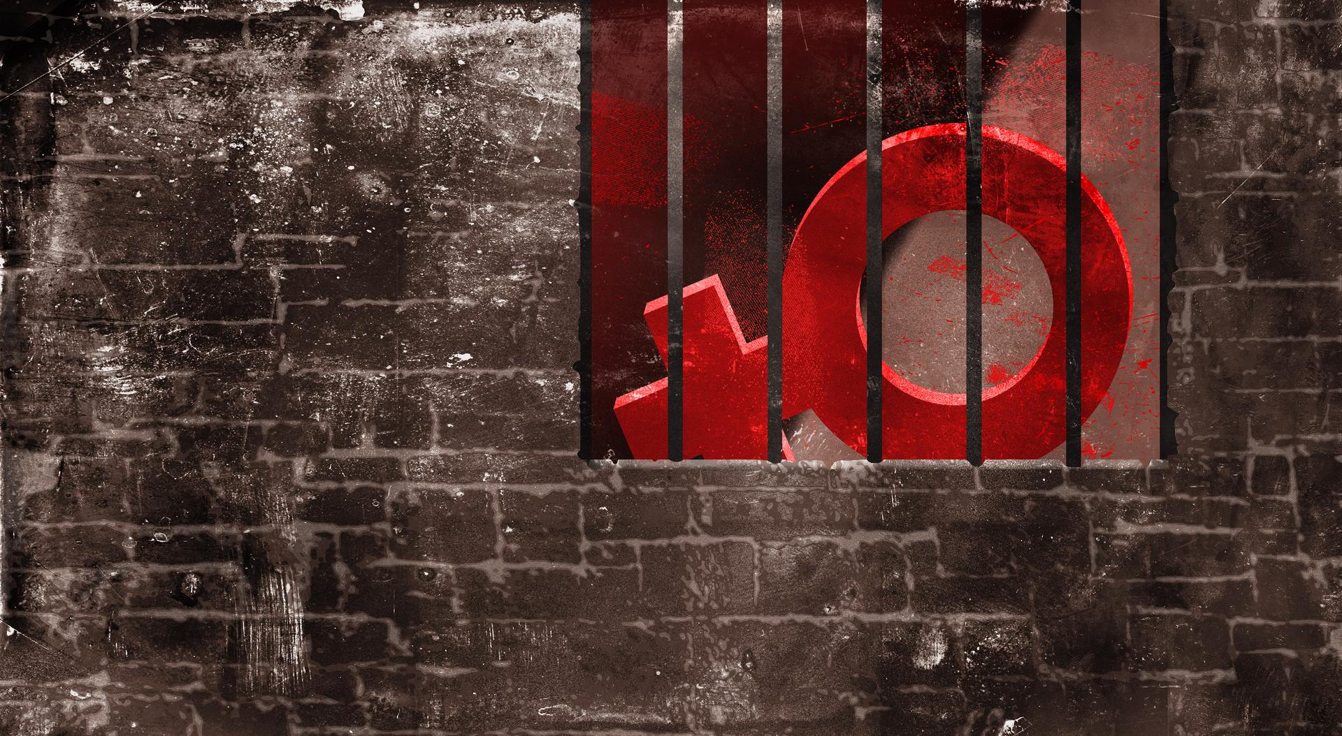 The icon for female is behind bars surrounded by a brick wall.