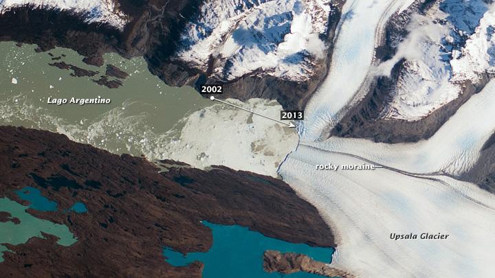 Glaciers around the world are retreating as the climate warms. NASA tracked a retreat of 3 kilometers (2 miles) of Argentina's Upsala glacier, in Patagonia, between 2001 and 2013. A new anaysis of global temperature data from the Japan Meteorological Agen