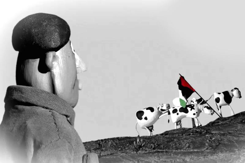 The Wanted 18 uses stop-motion animation along with drawings, real people, actors and archival footage. Here, a self-taught Palestinian dairy farmer looks on at the cows with a Palestinian flag in the distance. In 1987, activists in the West bank town of