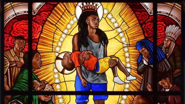 Detail from "Mary Comforter of the Afflicted," stained glass portrait by Kehinde Wiley