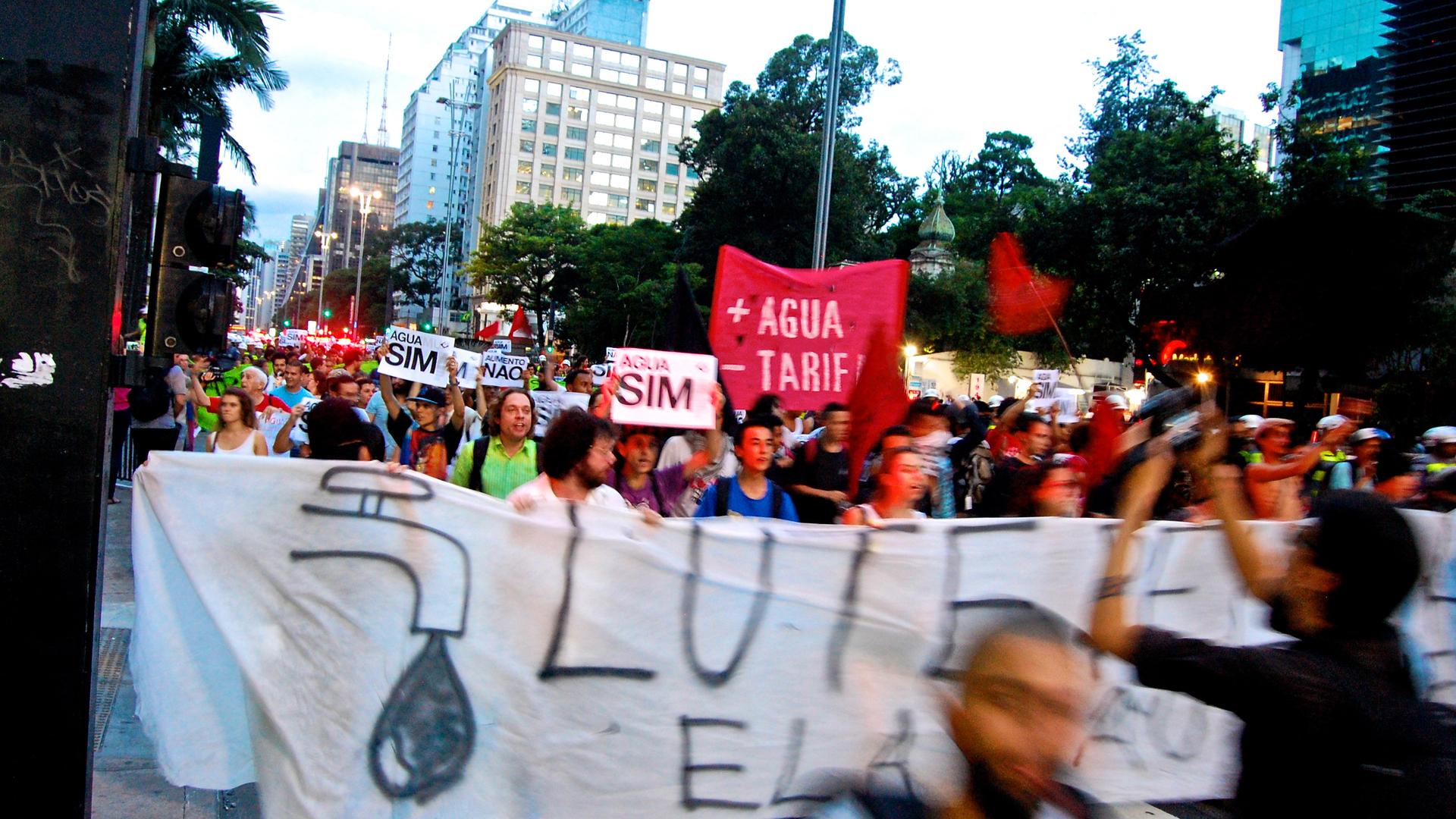 Protesters march through São Paulo recently demanding equitable distribution of water throughout São Paulo state. Unofficial rationing has brought frequent water outages to neighborhoods throughout the Brazilian megalopolis of 20 million people.
