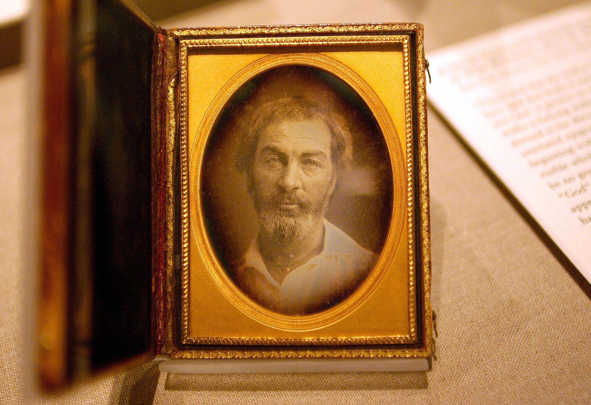 A daguerreotype of Walt Whitman is displayed at the New York Public Library