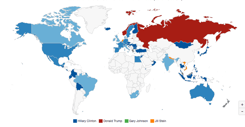 Map showing World Vote results by country