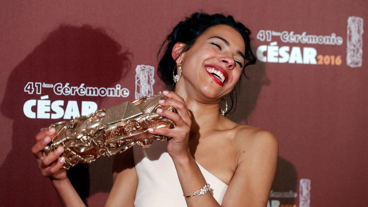 Actress Zita Hanrot holds her trophy after receiving the Best Female Newcomer Award for her role in the film "Fatima" at the 41st Cesar Awards ceremony in Paris, France.