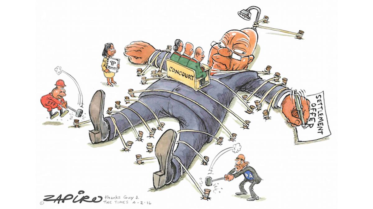 In a nod from one satirist to another, Zapiro shows President Jacob Zuma pinned down, like Gulliver in Lilliput, and out of options. As South Africa's highest court looks on, President Zuma finally agrees to pay back some of the $23 million in state funds