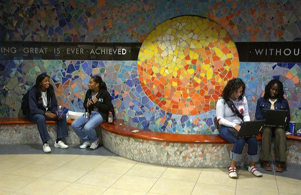 A Student Union mosaic wall at University of Akron in Ohio. The university is one of several in the US screening students for Ebola that are returning to campus from West African countries.