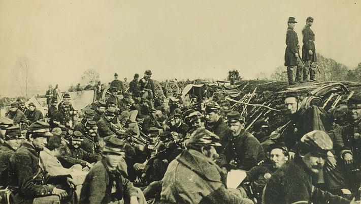 Union soldiers entrenched along the west bank of the Rappahannock River at Fredericksburg, Virginia.