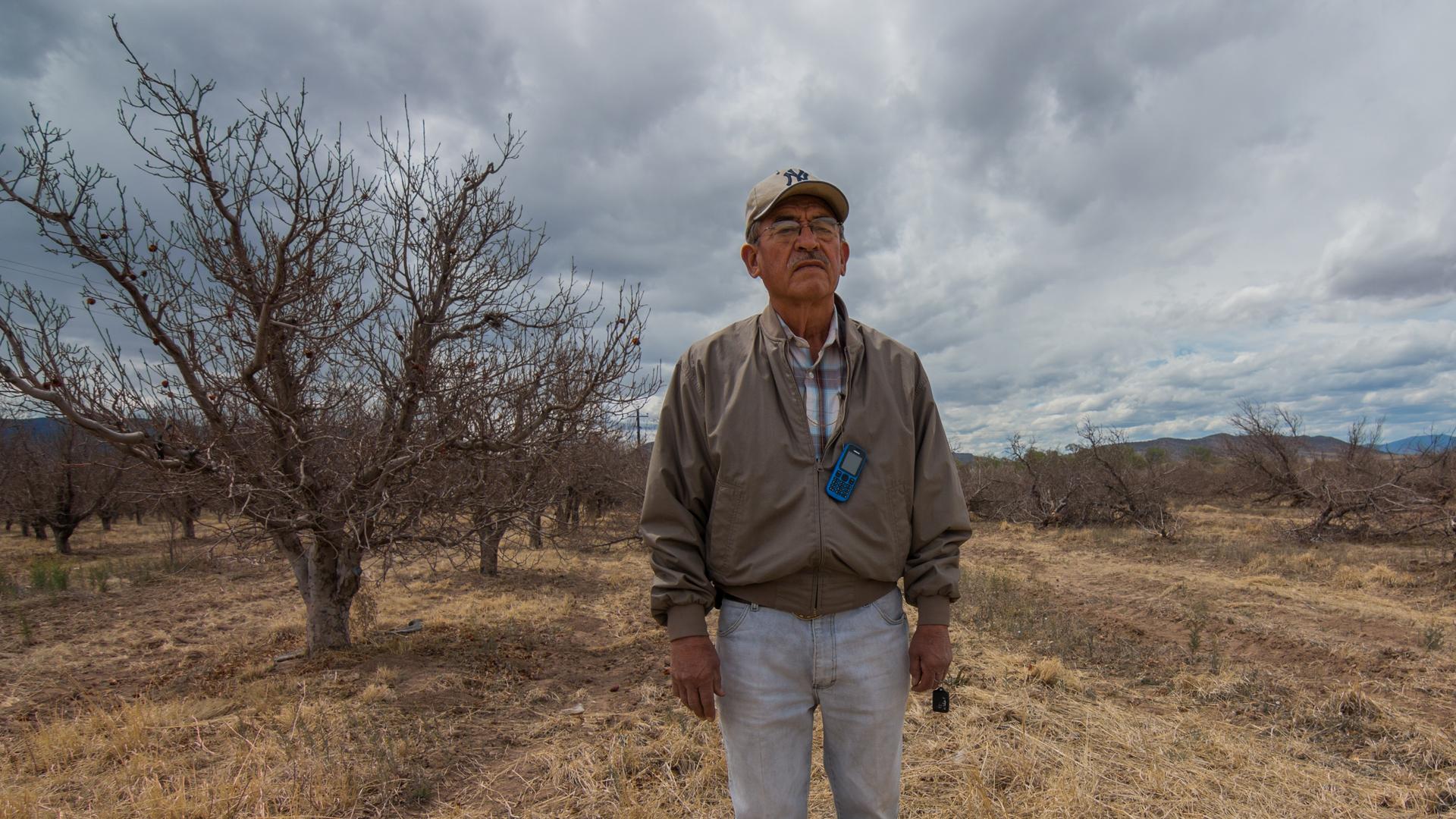 Vicente Robles in his apple orchards in Bachíniva, Chihuahua. 