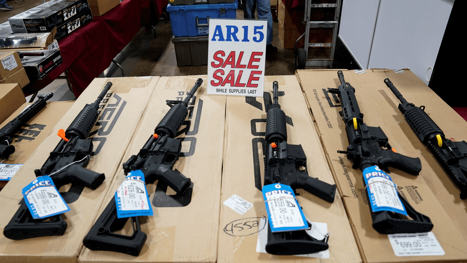 AR-15 rifles are displayed for sale at the Guntoberfest gun show in Oaks, Pennsylvania, Oct. 6, 2017.
