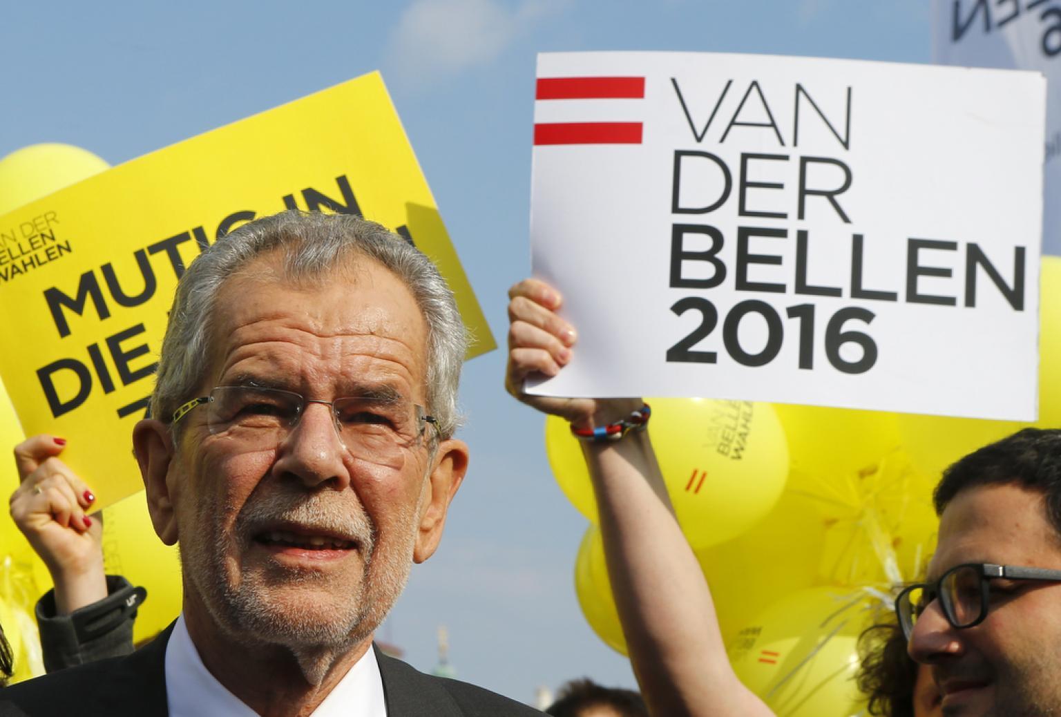 Alexander Van der Bellen, a former leader of the leftist Greens party now running as an independent, arrives for his final election rally ahead of Austrian presidential election in Vienna, Austria, on May 20, 2016.