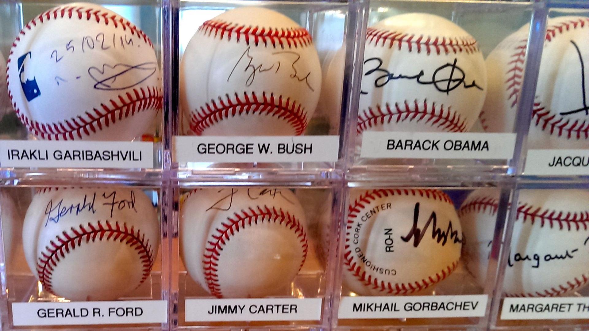 Some of the top names from the autograph collection of Randy Kaplan. He launched his collection in 1996, with the autograph of Bill Clinton, and has gathered 130 autographed baseballs to date.  
