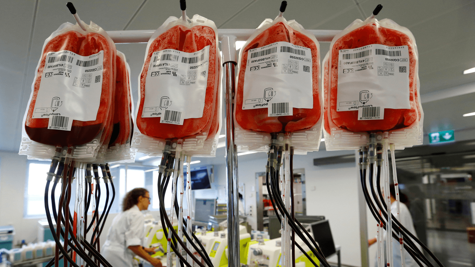 An empoyee checks the separation process of blood donations at the Interregional Transfusion CRS in Bern, Switzerland, June 15, 2017. Blood shortages occur often in the US.
