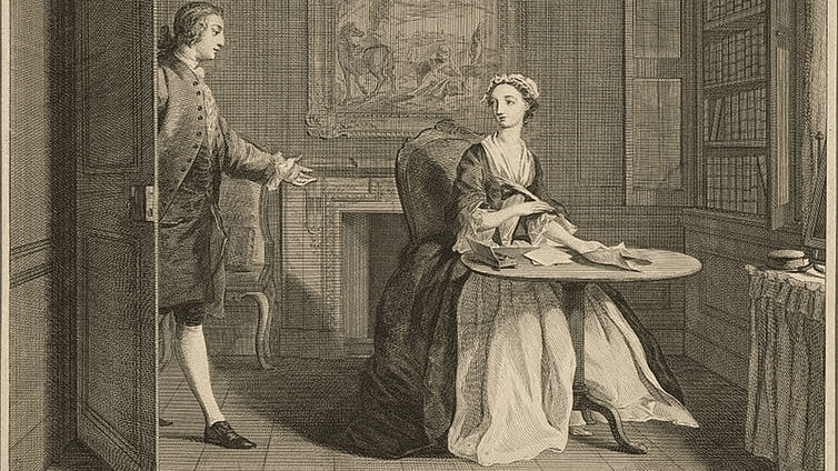 One of the original plates illustrating the novel Pamela, by Samuel Richardson. Etched by L. Truchy and A. Benoist after paintings by J. Highmore.