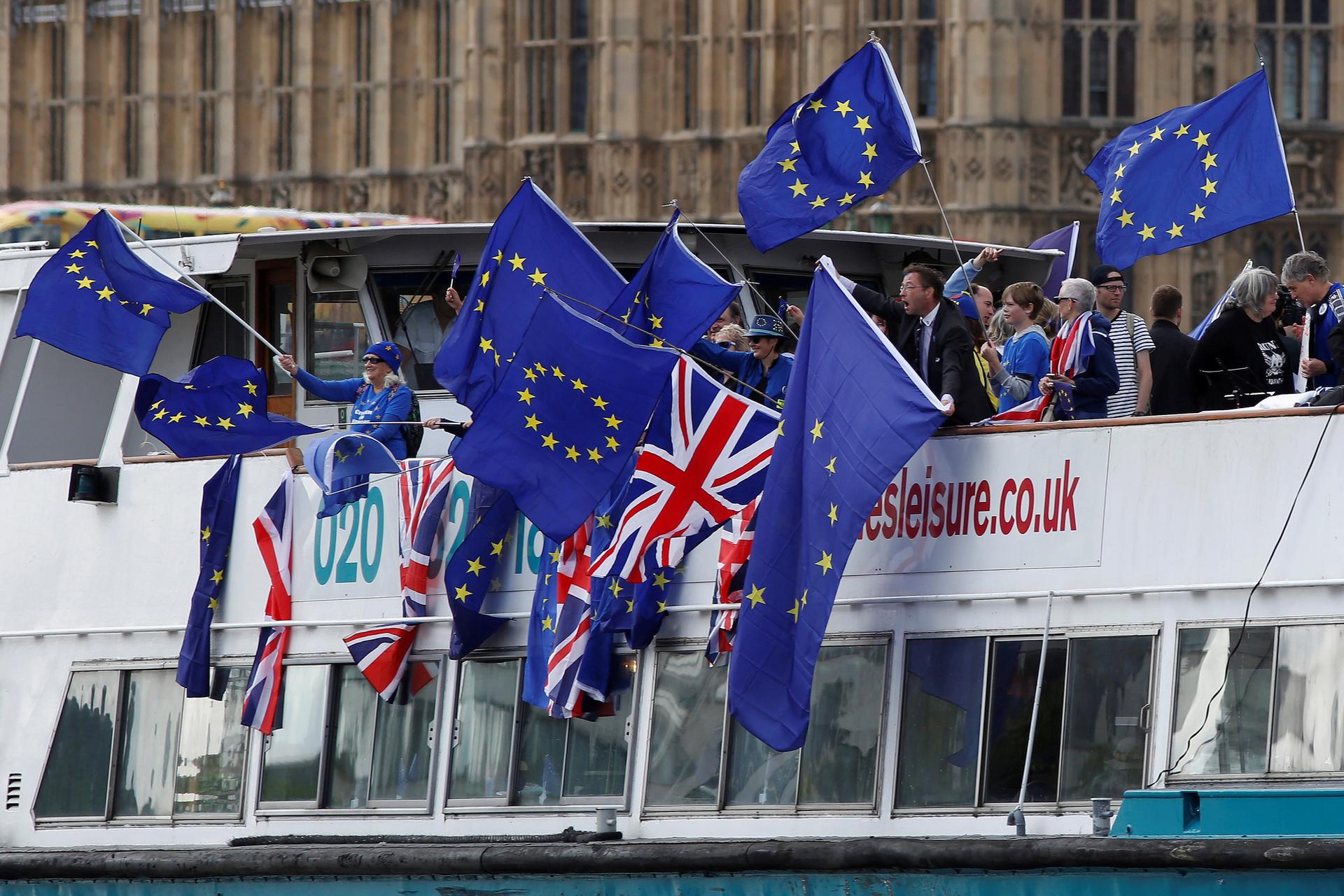 Anti-Brexit, pro-European Union Remain supporters wave flags