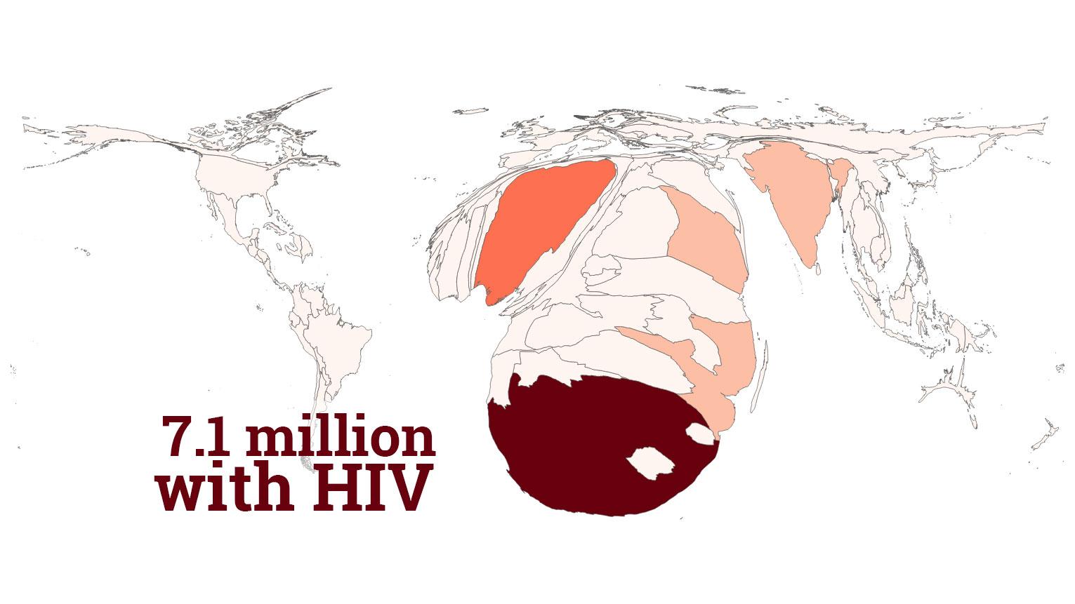 A distorted map is projected based on population living with HIV. In this map, South Africa is the largest country in the world. 