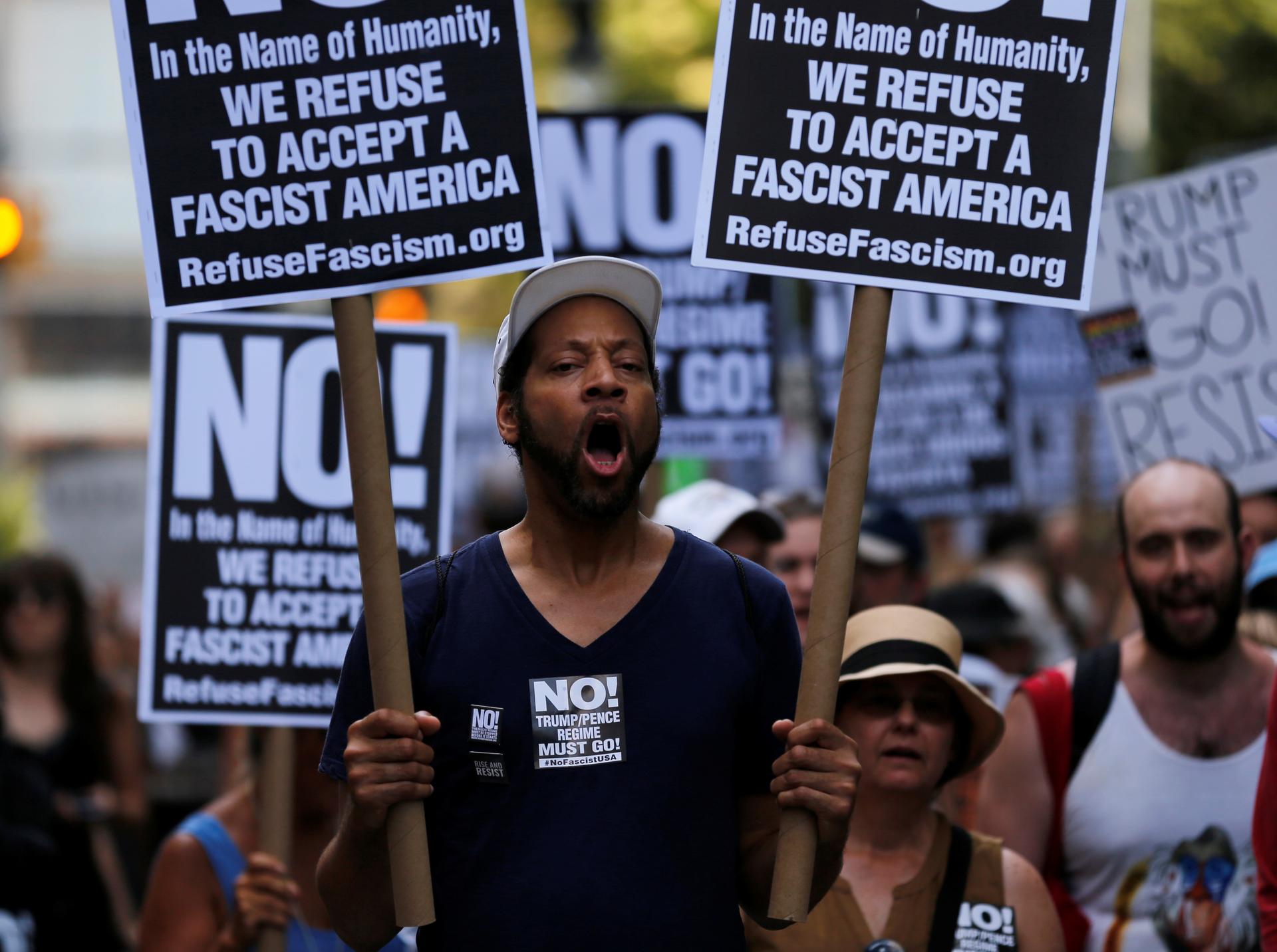 A protester shouts slogans at a protest against white nationalism in New York City