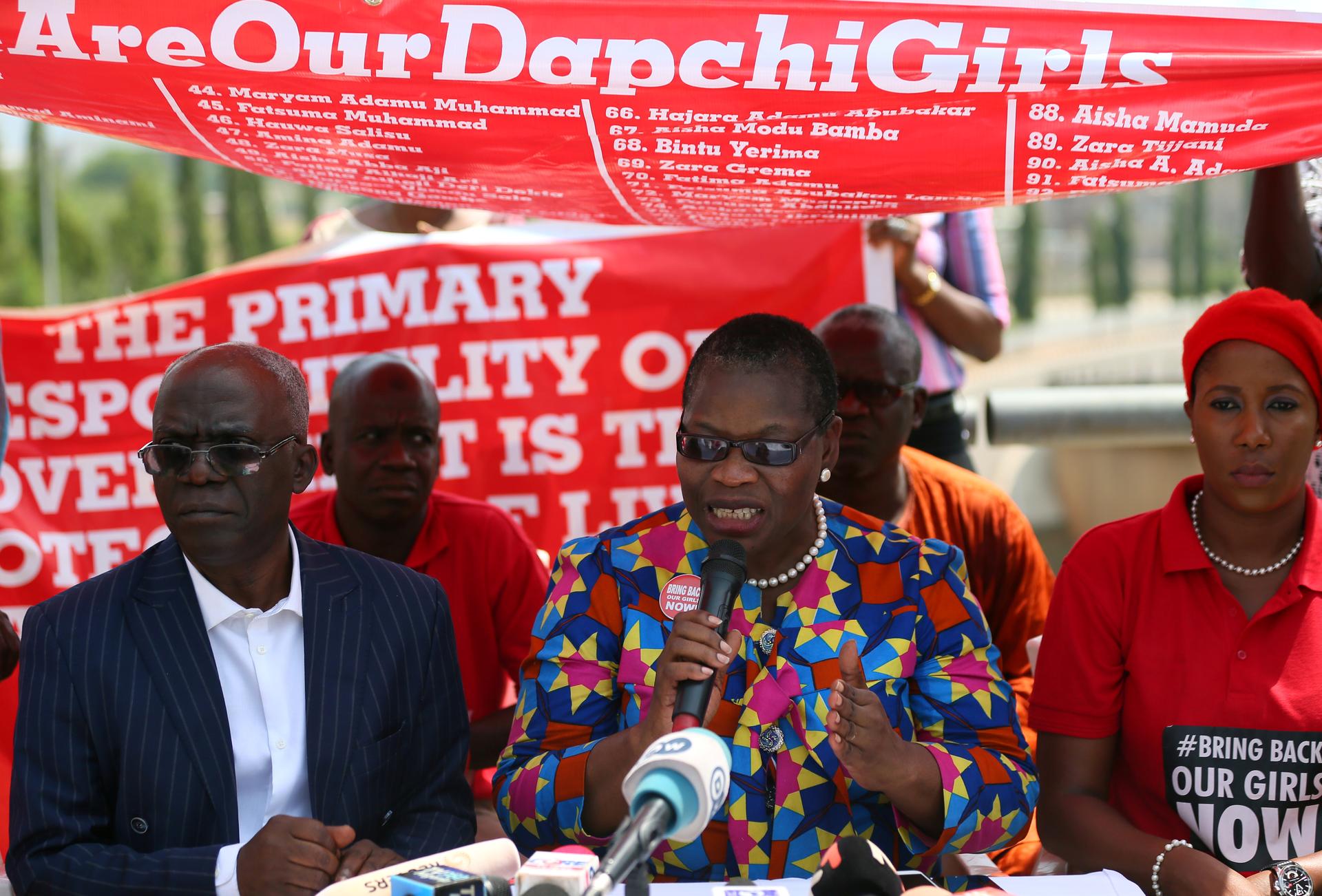 Oby Ezekwesili, Bring Back Our Girls campaigner, speaks during a news conference