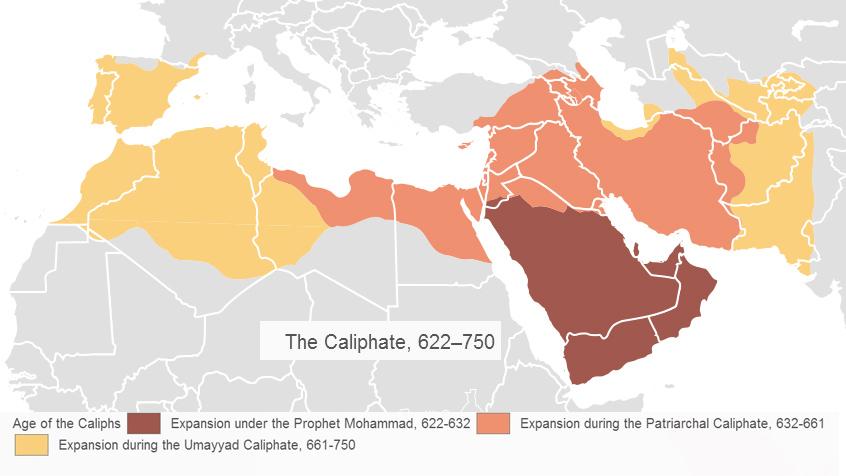 A map showing the early Islamic Caliphate.