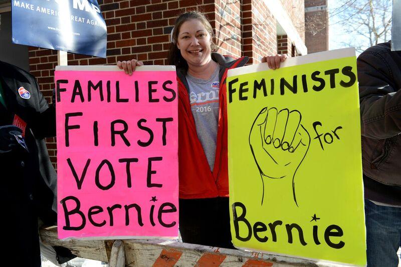 Sanders supporter outside a polling station in Manchester, NH, on Tuesday, Feb. 9, 2016.