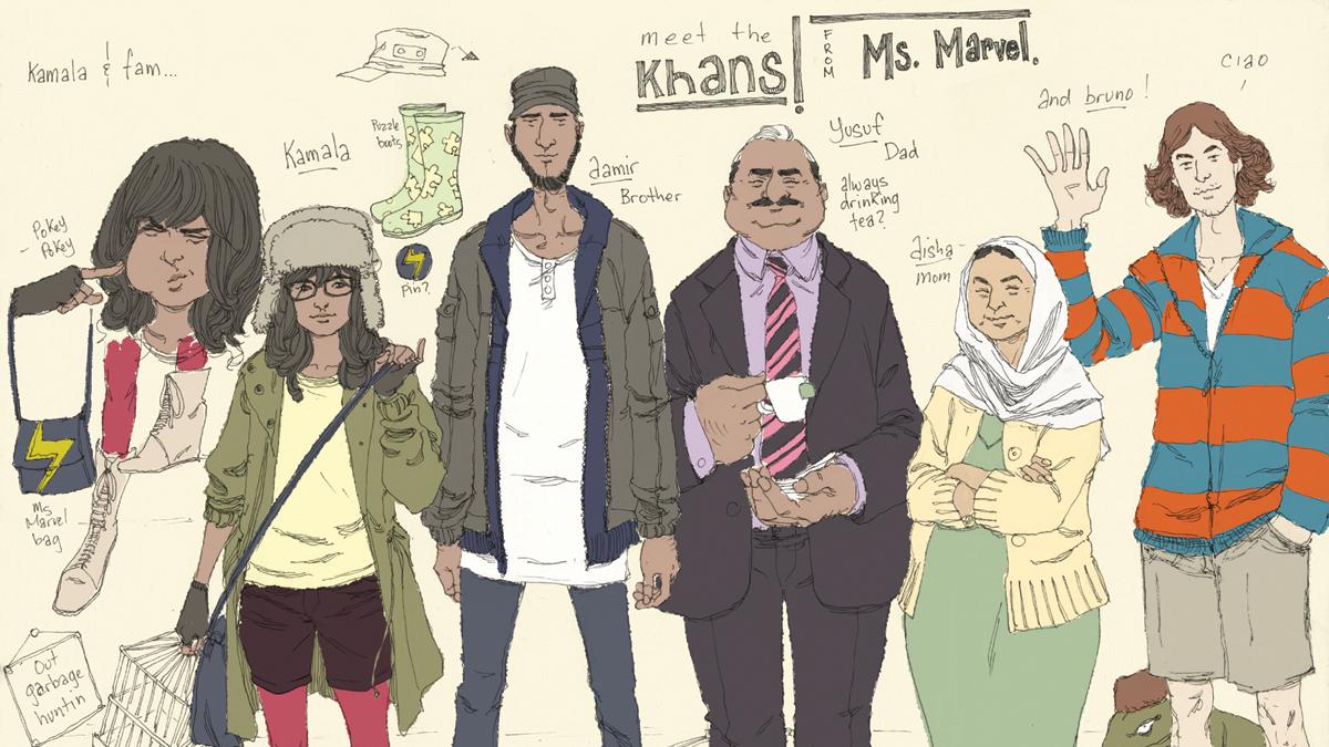 The Khan family: Kamala Khan, aka "Ms. Marvel" (second left) with her brother Aamir, father Yusuf, mother Disha and friend Bruno.