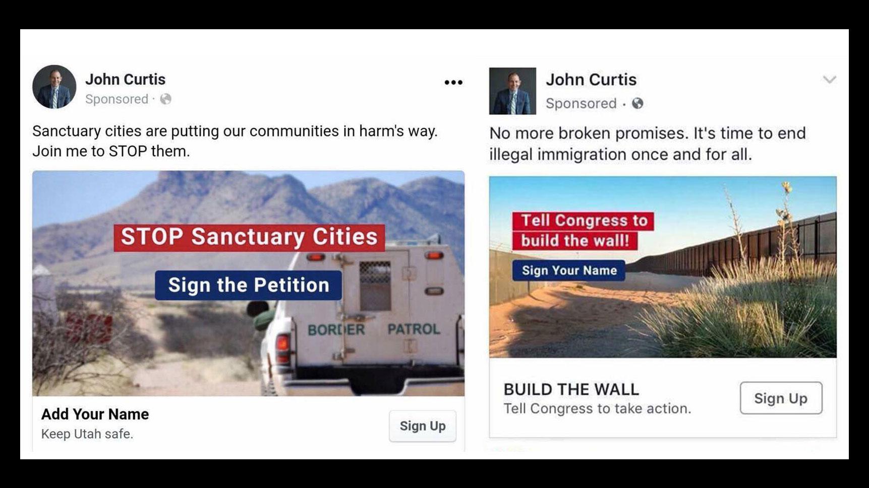 screenshots of two advertisements of Facebook posts by John Curtis