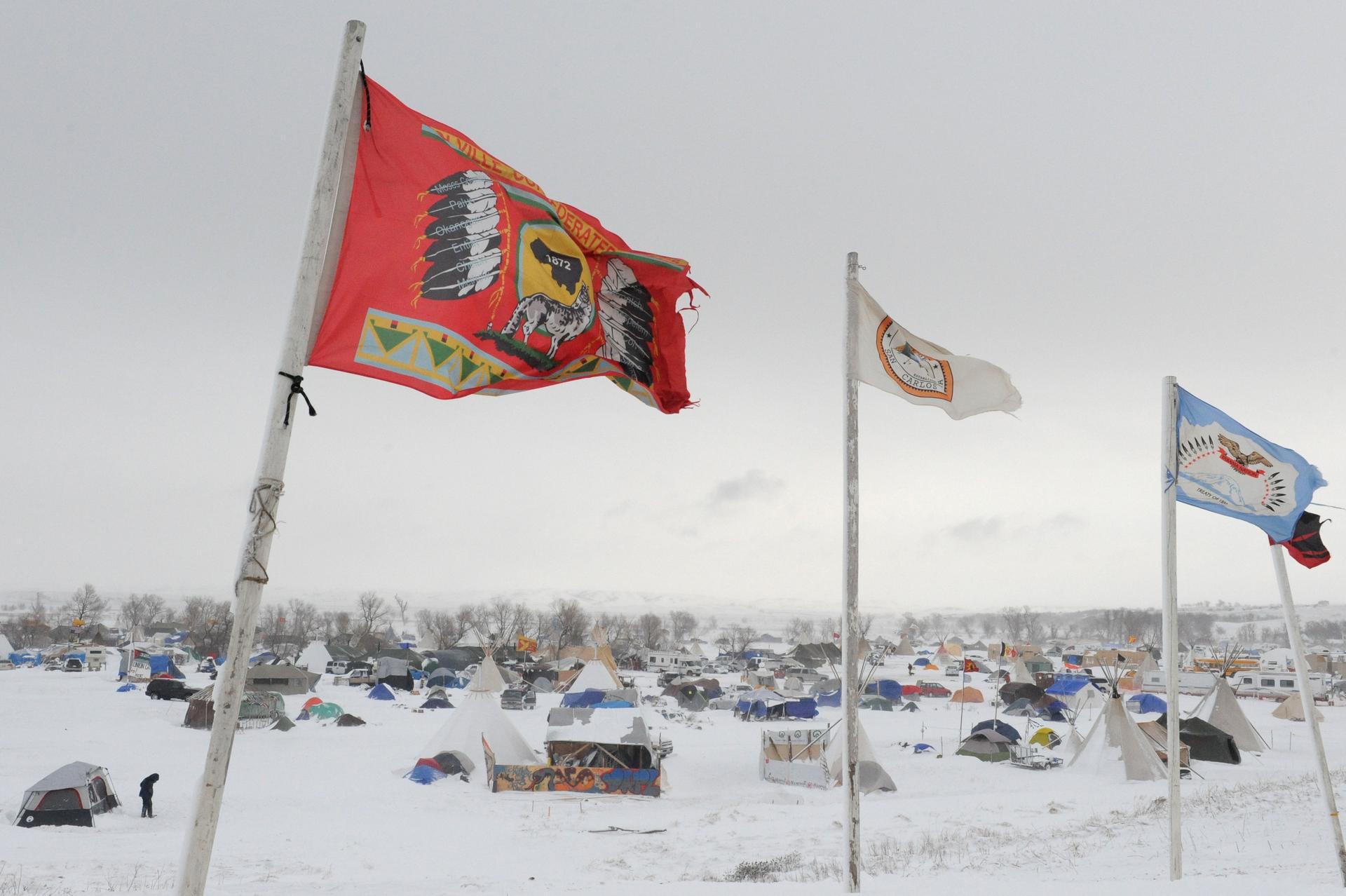 The Oceti Sakowin camp is seen in a snow storm