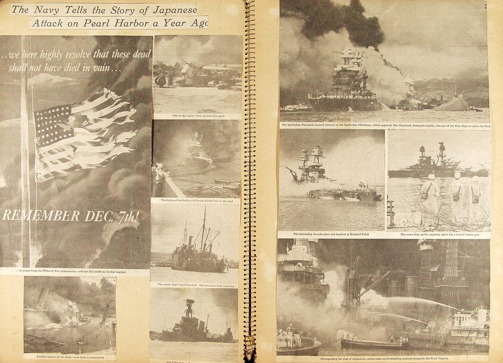 Newspaper clippings in scrapbook about the attack on Pearl Harbor