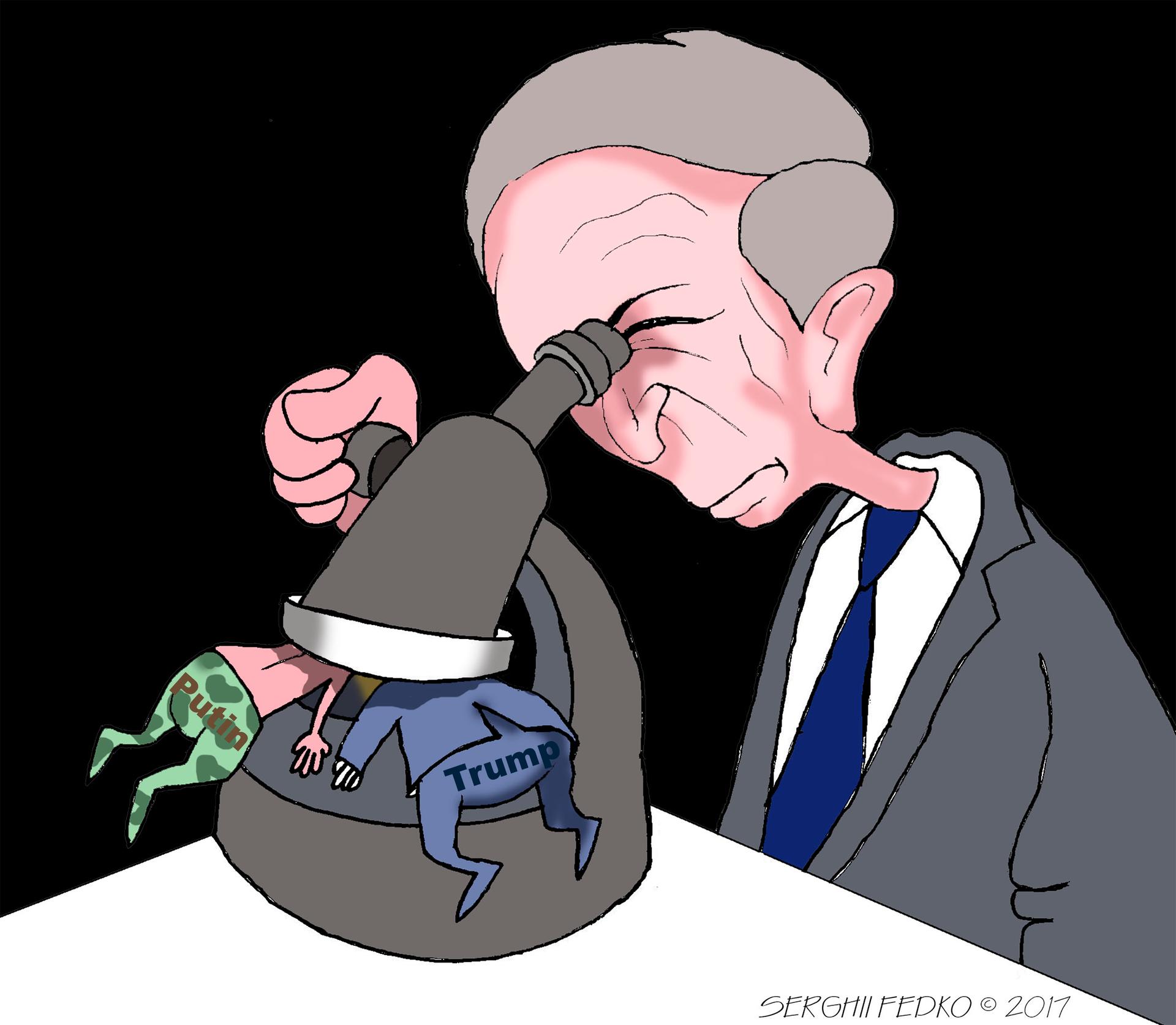 cartoon shows new special prosecutor James Mueller looking under microscope at Putin and Trump